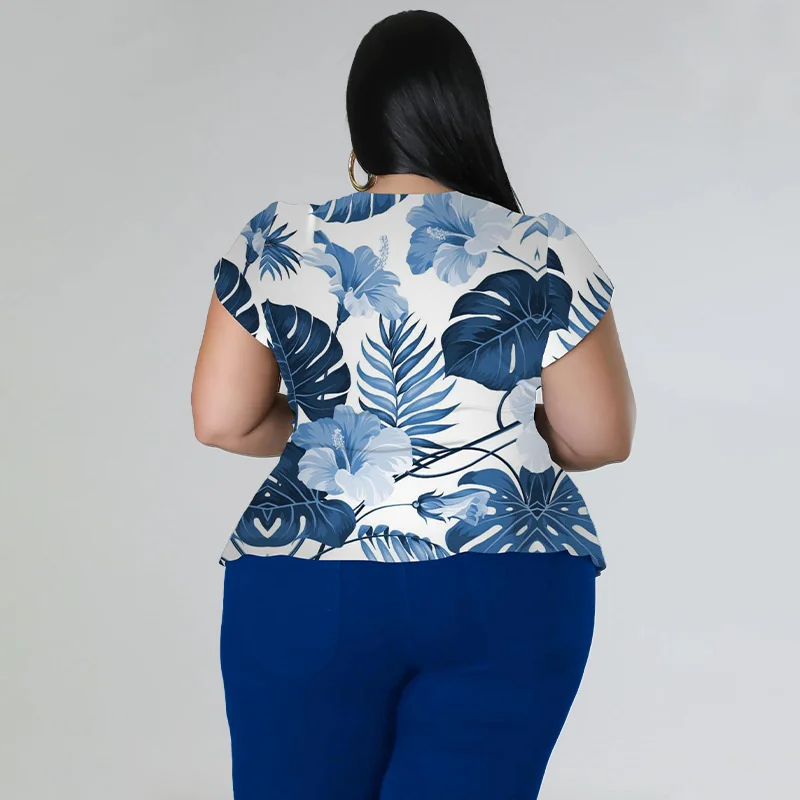 Plus Size Women Clothing Two Piece Sets Summer Short Sleeve v Neck Printing Top and Pant Sui 3xl 4xl 5xl 6xl
