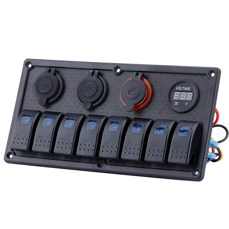 

12 Way Car Boat Yacht DC Rocker Switch Panel with Voltmeter and 12V Cigarette Lighter Socket and Power Socket