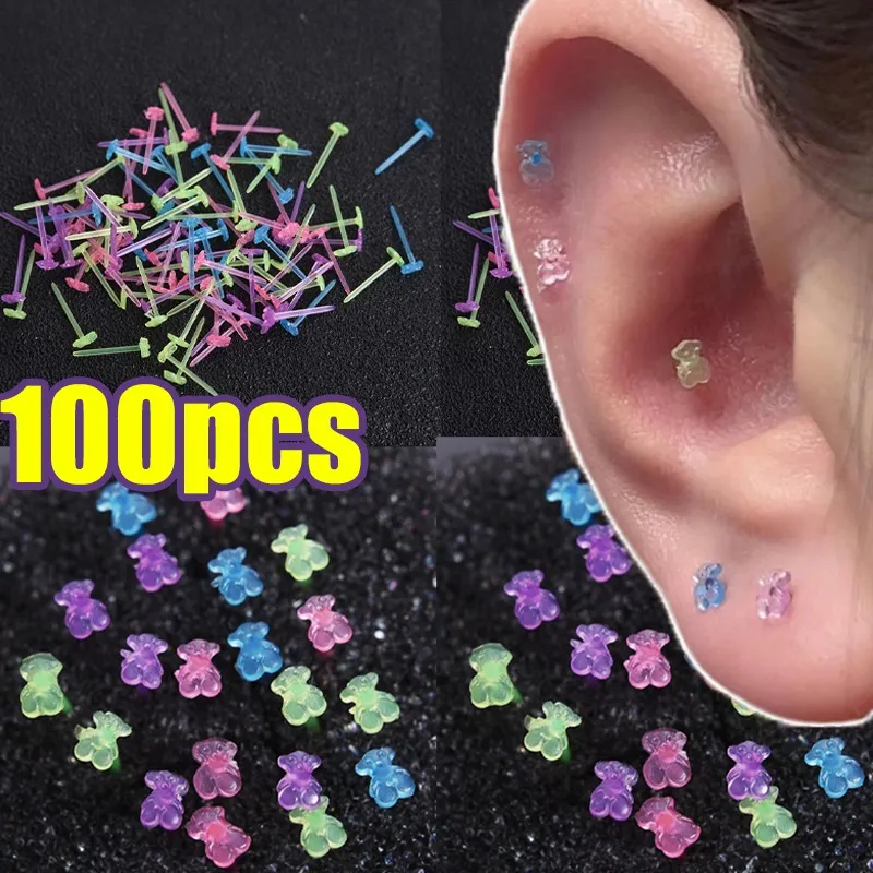 

100pcs/Pack Anti-allergy Plastic Earrings Pins Ear Hole Sterile Ear Sticks Transparent Rainbow Mix Bear Stud Ear Rings for Women