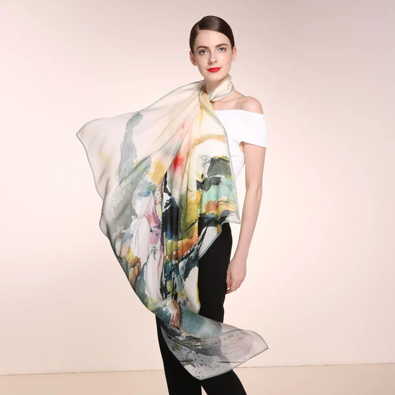 

2022 Factory Direct Sales Spring Chinese Style Classical Ink Painting 120cm Mulberry Silk Square Scarf Shawl