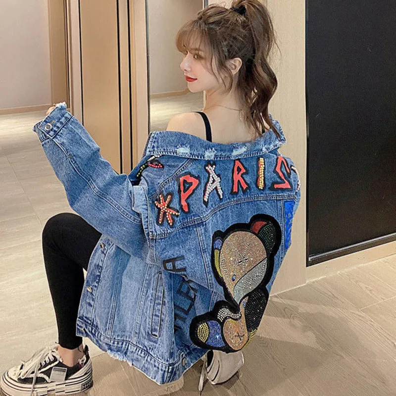 

European Station Spring Women Denim Jacket New Fashion Loose Mesh Red Hot Diamond Heavy Industry Bear Denim Large Female Coat