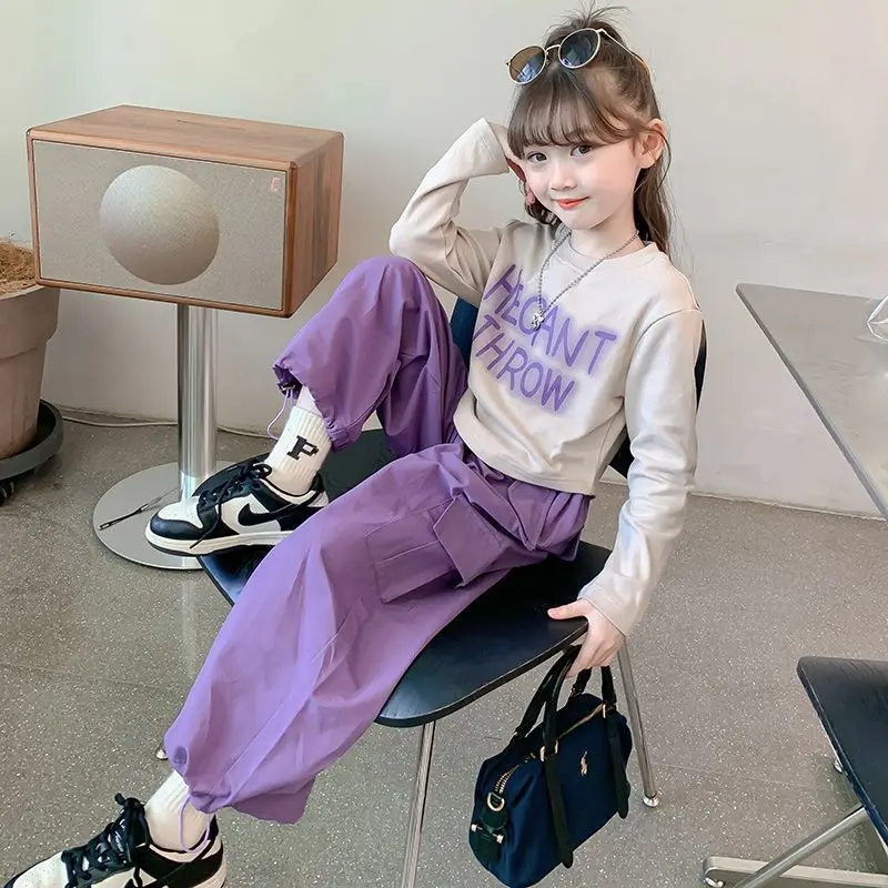 

Спортивный костюм для девочек, корейский комплект из двух предметов, толстовка с круглым вырезом и надписью для младших девочек-подростков, спортивные штаны для девочек-подростков, весна-осень