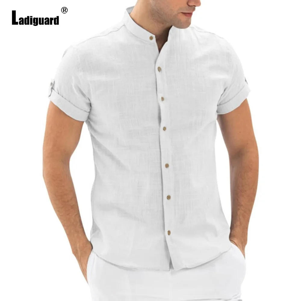 Ladiguard 2023 Short Sleeve Beach Shirt Mens Casual Linen Blouse Masculina Camisa Shirt blusas Hommes Ropa Mandarin Collar Tops