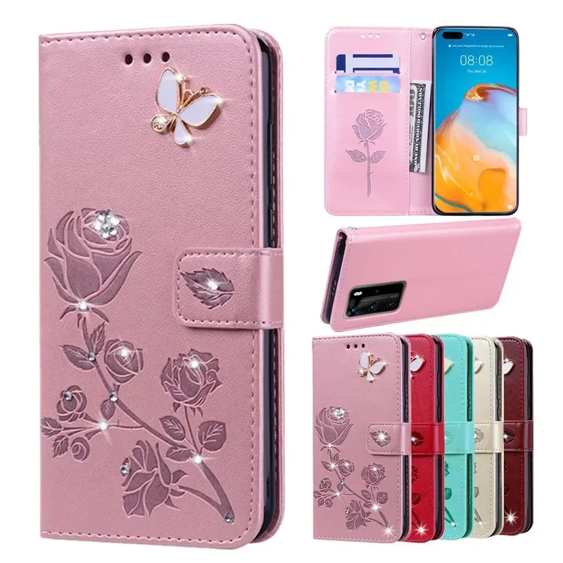 

Bling Leather Flip Case for Huawei P40 Pro Lite E P30 P20 P8 Lite 2017 Glitter Rose Cover Honor 10 10X Lite 6X 7X 8X 9X 7S 8S 9S