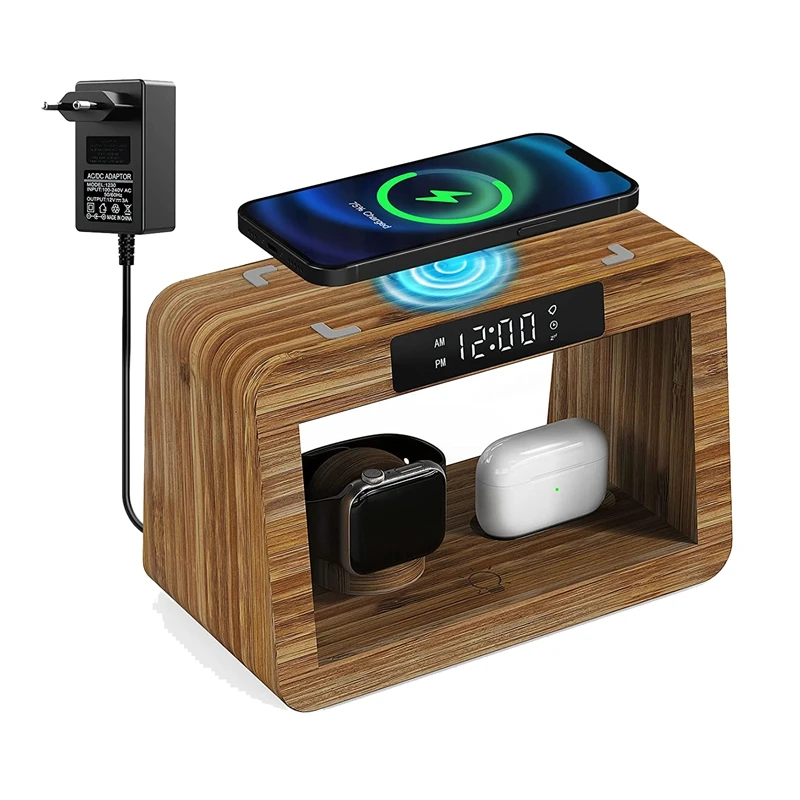 

3 In 1 Wireless Charging Station Fast Wireless Charger+Digital Alarm Clock And Night Light For Iwatch/-EU Plug