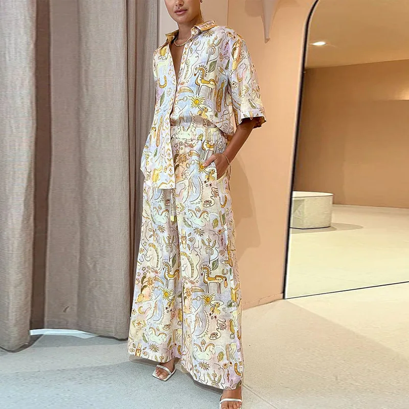 

Fashion Harajuku Cartoon Print Spring Autumn Suit Half Sleeve Button Shirt And Long Pants Outfits Vintage Casual Loose Women Set