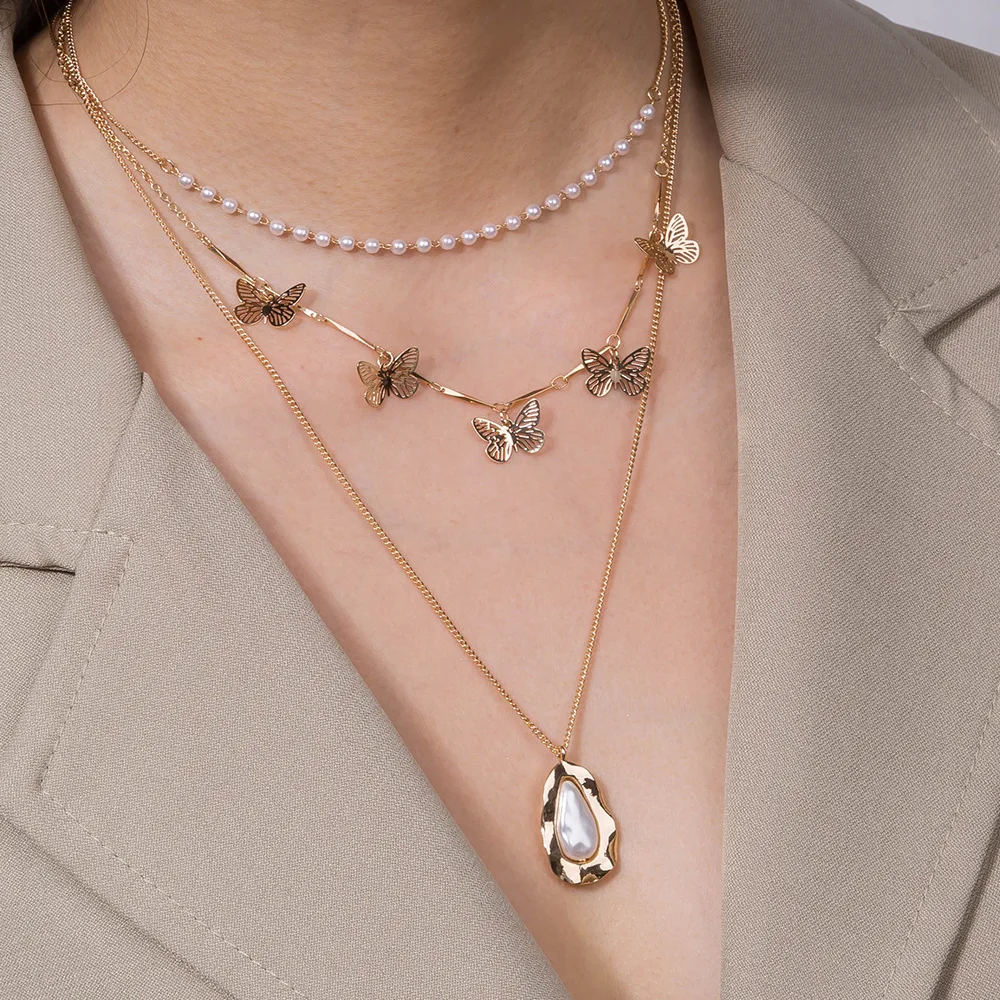 

Fashion Necklace able Irregular Metal Pendant Small Butterfly Multi-Layer For Women