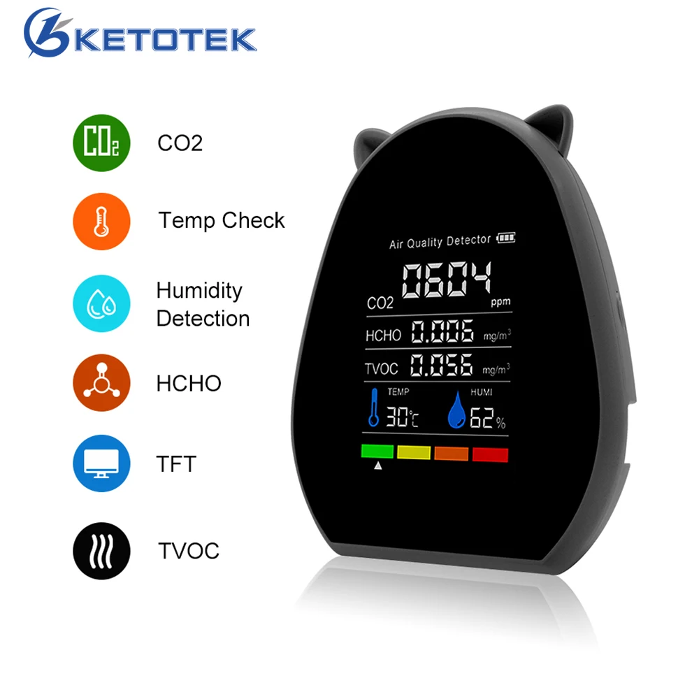 

Многофункциональный цифровой тестер температуры и влажности, измеритель CO2 5 в 1, детектор угарного газа и содержания летучих соединений и углекислого газа, монитор качества воздуха