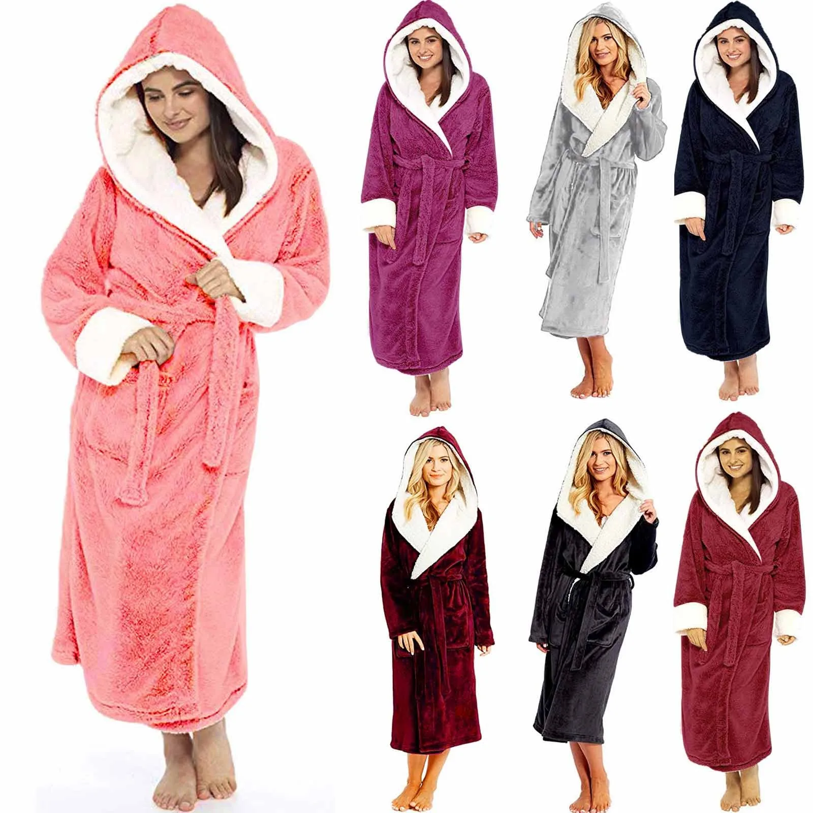 

Women Plush Lengthened Shawl Bathrobe Robe Soft Comfortable Sleepw 2022 Winter Home Clothes Long Sleeved Robe Coat 16 Colors