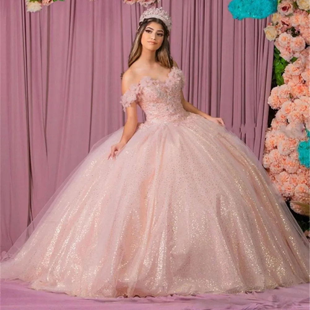 

Блестящее Розовое Бальное платье, платья для Quinceanera, вышитые бисером, с открытыми плечами, тюль с блестками, милое платье 15 16, вечерняя одежда