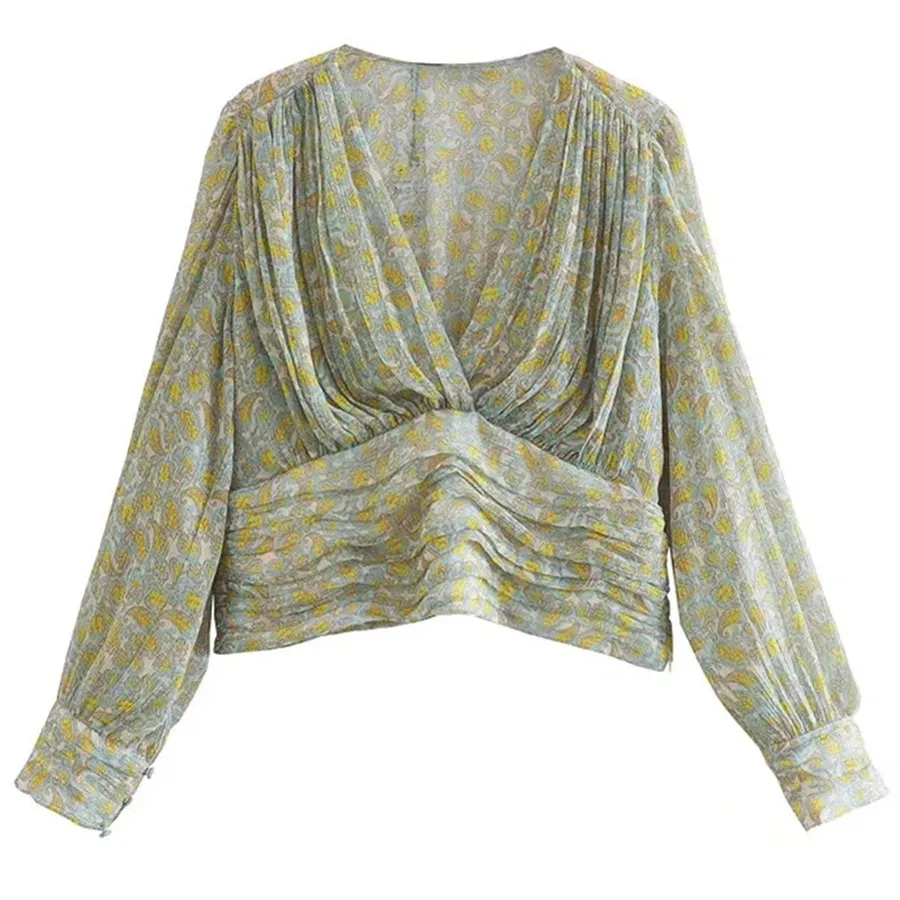 

Jenny&Dave 2022 England Style Blouse Women Tops Fashion High Street Wholesales Clothing Floral Print V-neck Short Shirt