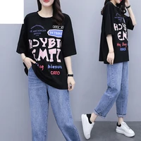 2022 new women two piece set short sleeve print top and jeans outfit female 4xl loose casual suits lady denim pants 2pcs e87
