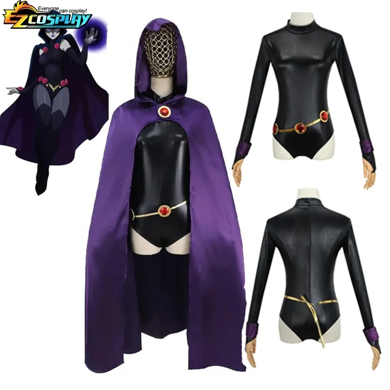

New Teen Titan Super Hero Raven Cosplay Costume Women Black Bodysuit Purple Hooded Cloak Jumpsuits Halloween Party Costume