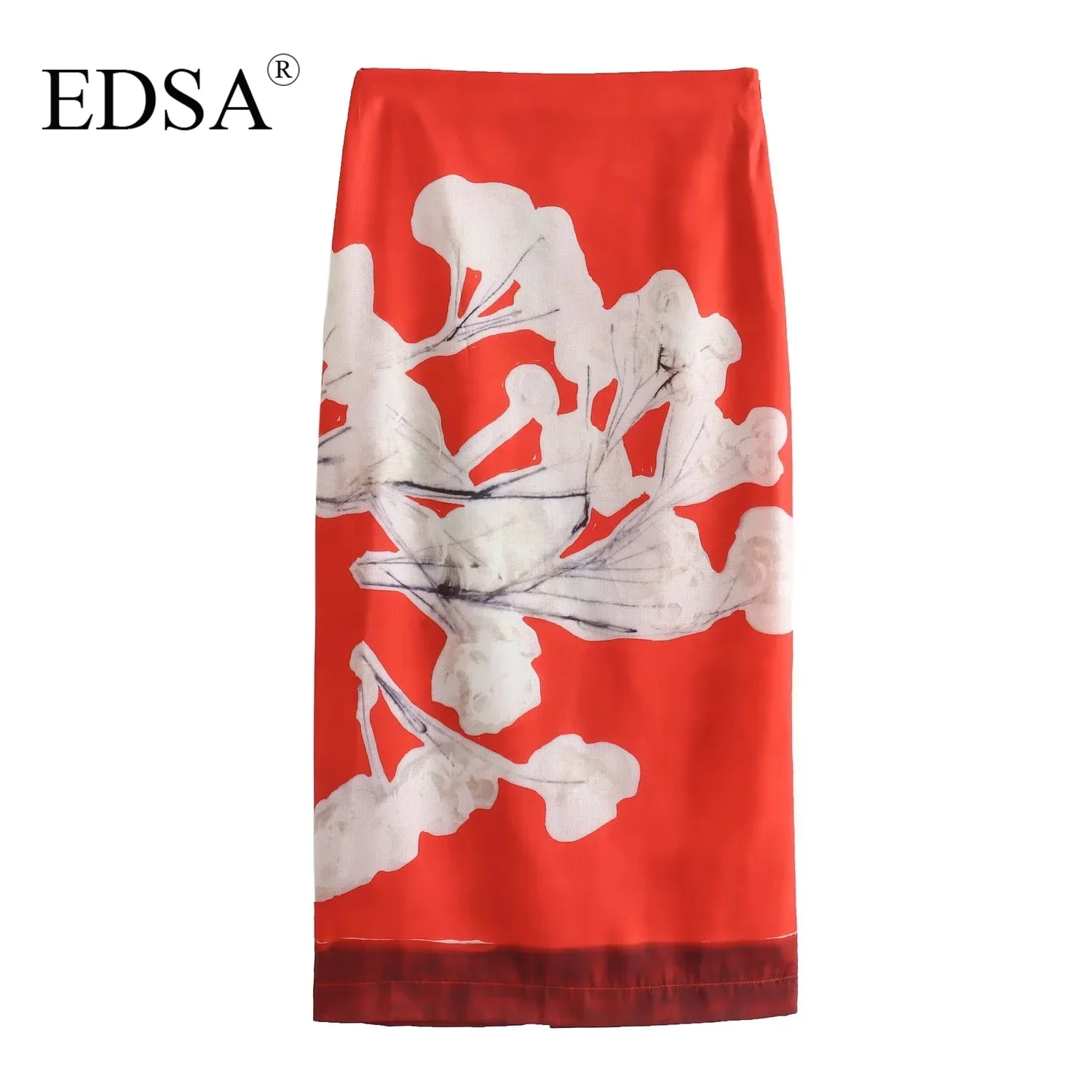 Женская юбка-карандаш средней длины с цветочным принтом и разрезом сзади