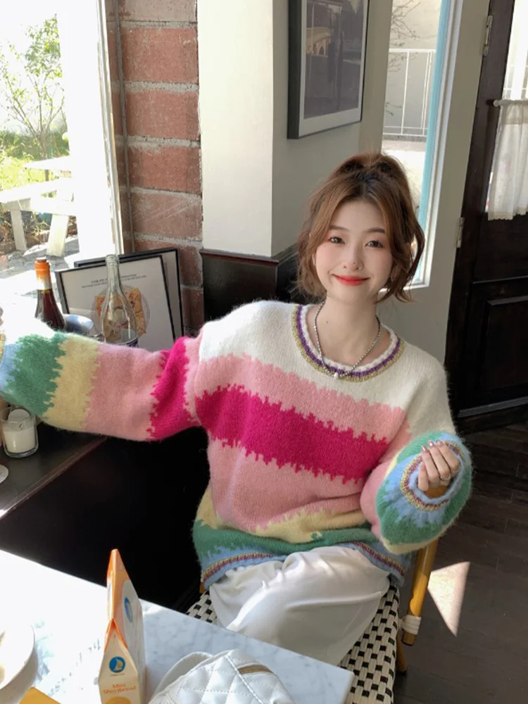 Женский свитер в радужную полоску Y2k Осенний Модный пуловер Корейском стиле с