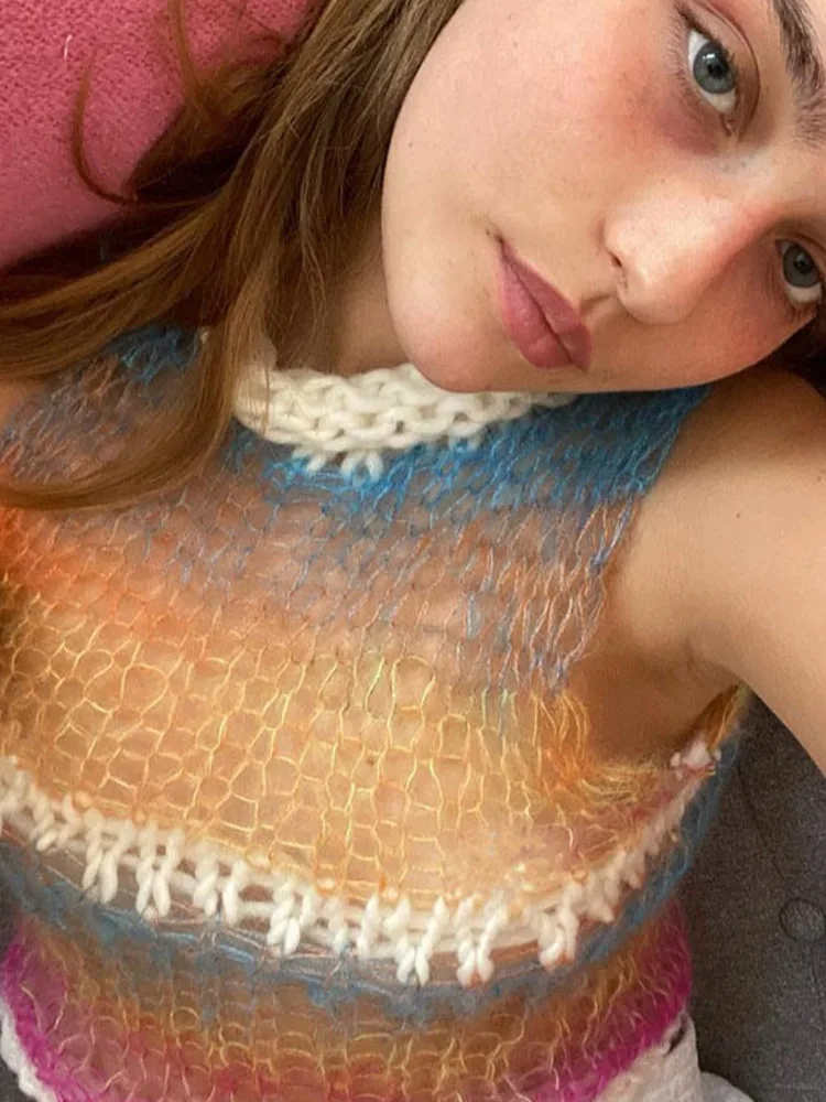 Y2K Clothes Contrast Color Sweater Sleeveless Hollow Out Crochet Blouse Crop Top Women 2022 Summer New Sexy Fashion Street Vest |