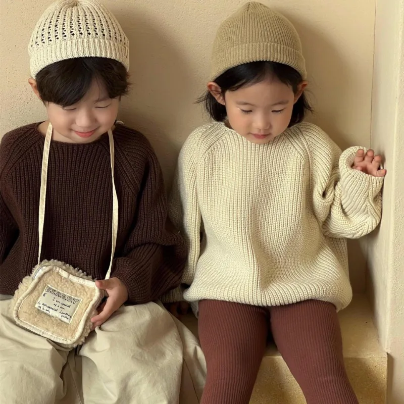 

HoneyCherry Autumn New Children's Letters Knitted Pullover Sweater Retro Simple Loose Knit Round Neck Sweater