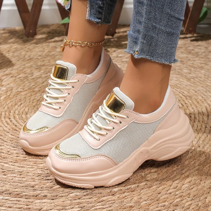 

Spring and Autumn 2023 New Fashion Leather Mesh Breathable Wedge Running Shoes Casual Air Cushion Lace Women Vulcanized Shoes