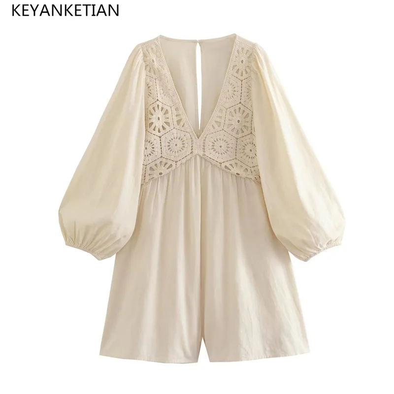 

KEYANKETIAN New Hollowed-Out Hook Flower Decoration Lantern Sleeve Slim Jumpsuit Women Bohemian Style Short Culottes Apricot