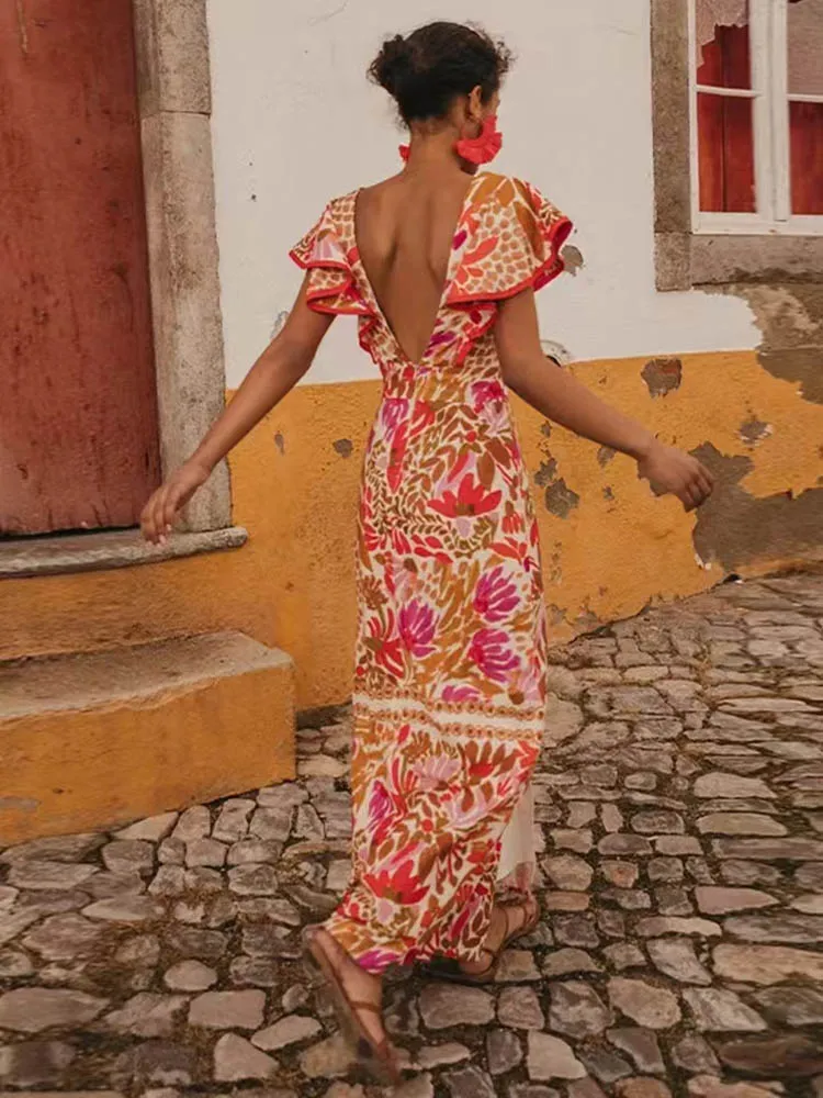 Женское платье макси SIYANG с ярким принтом v-образным вырезом и открытой спиной Vestige