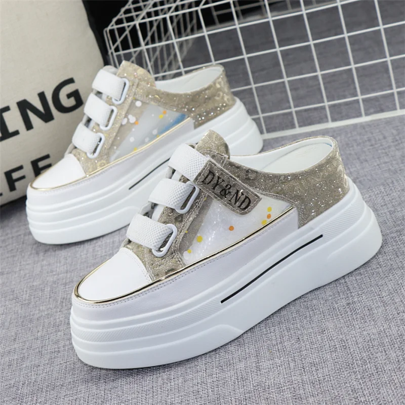 

No Heel Slip-on Lazy Mesh Breathable Outer Wear Semi-slippers Women's Thick Sole with 8cm Height Increase White Shoes Sneakers