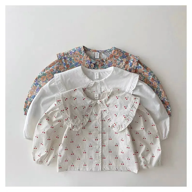 2022 Spring New Girls Large Lapel Shirts Children Long Sleeve Shirts Cute Cherry Print Blouse Baby Girls Cotton Bottoming Tops
