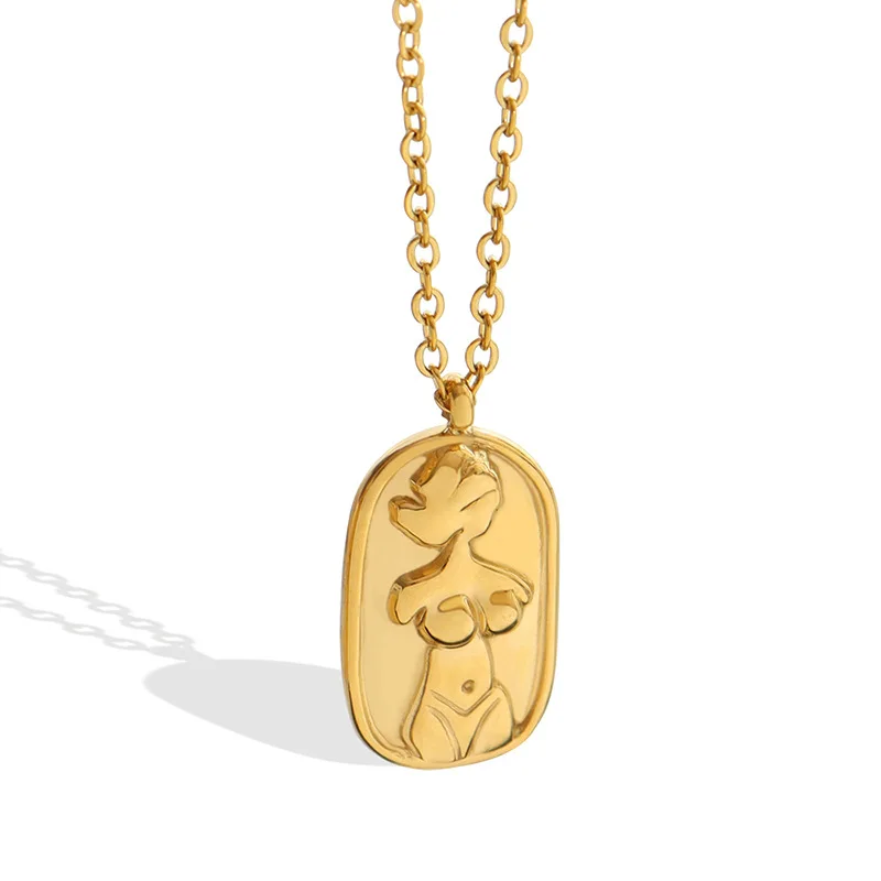 

Oval Pendant Necklace Gold Plated Stainless Steel Clavicle Chain Embossed Portrait Pattern Vintage Necklaces for Women