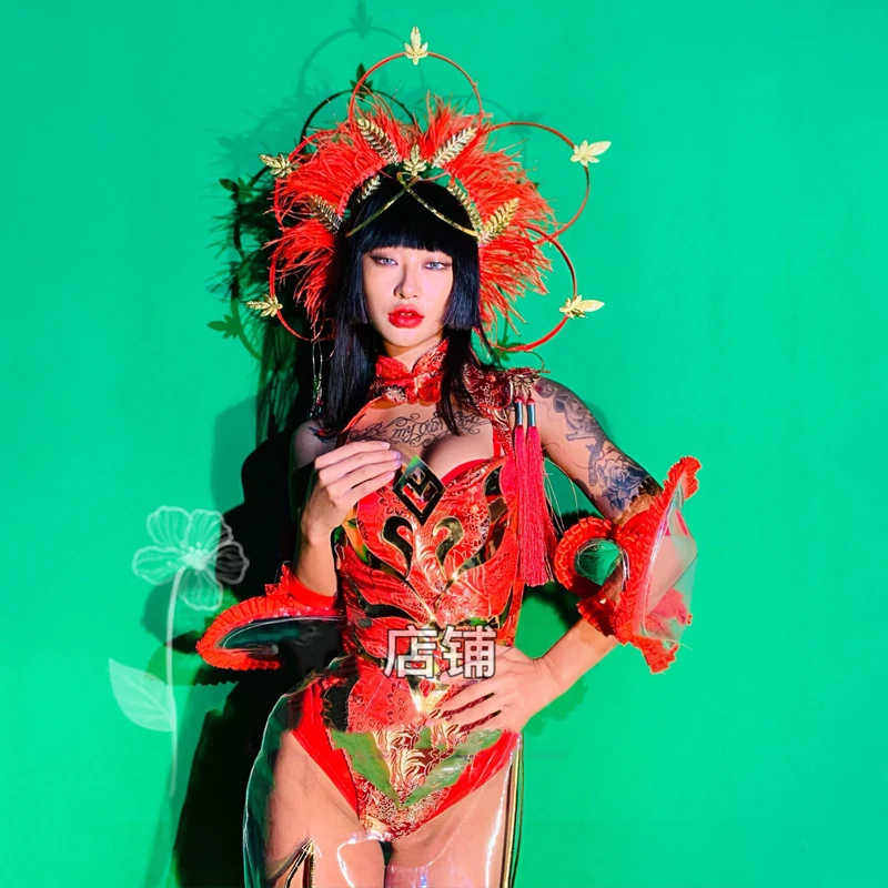 

Bar Ds Dj Stage Performance Red Costumes Chinese Style Feather Headdress Nightclub Female Singer Jumpsuit Rave Outfits DWY7050