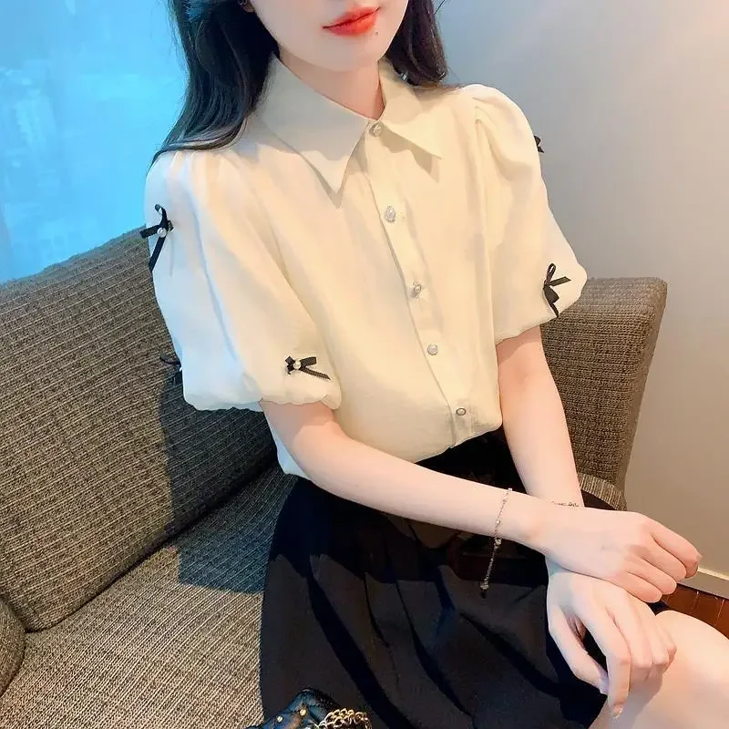 Элегантная шифоновая блузка с короткими рукавами 2023 топ пышными женский летний