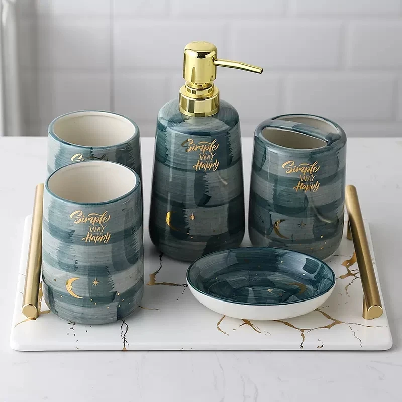 Creative Marble Ceramics Five-Piece Bathroom Toilet Accessories Sets Toothbrush Holder Mouthwash Cup Shampoo Dispenser Soap Dish