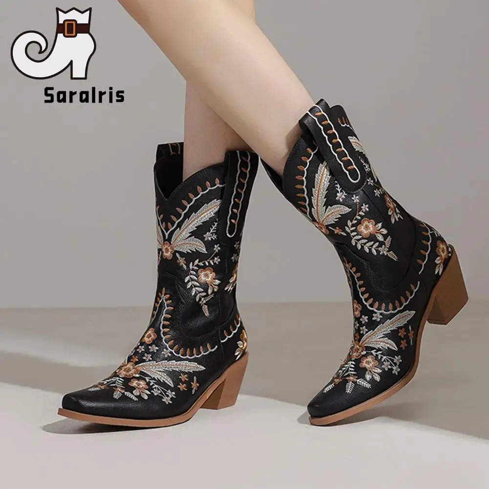 Hot Autumn Winter 2023 Hot Fashion Embroidery Western Boots Pointed Toe Comfort Thick Heels Vintage Ladies Women Cowboy Boots