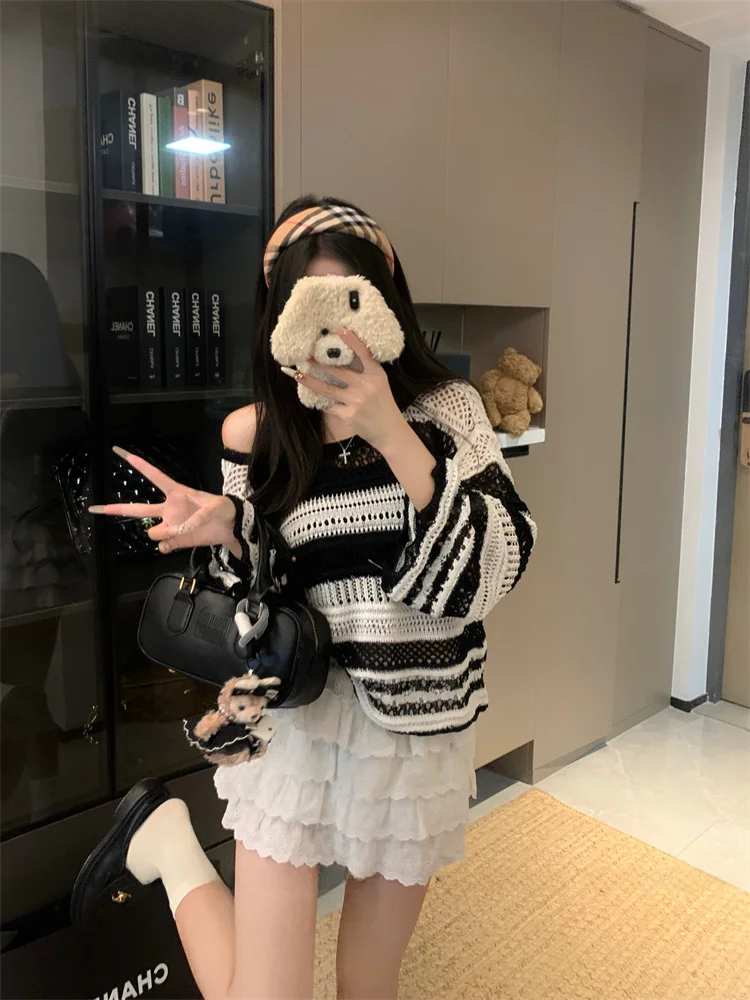 Полосатая блузка с защитой от солнца из вискозы вязаная для кондиционера женский