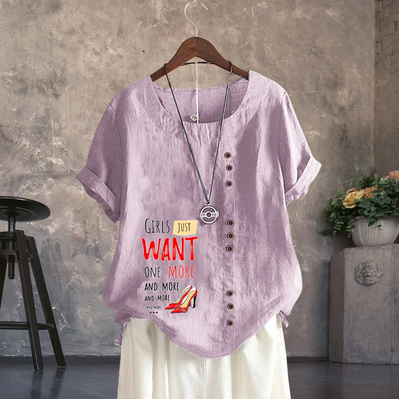 

Women's Clothing Casual Style Popular Loose Linen Short Sleeve High Heel Shoe Pattern Round Neck T-Shirt Pullover Lady Top