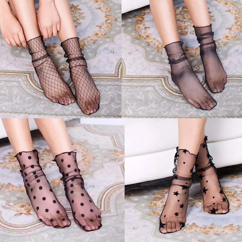 

5 pairs/lot Women Thin Nylon Socks Fashion Sexy Diverse Novelty Black Mesh Lace Fishnet Hollow Out Women Soft Tattoo Short Socks