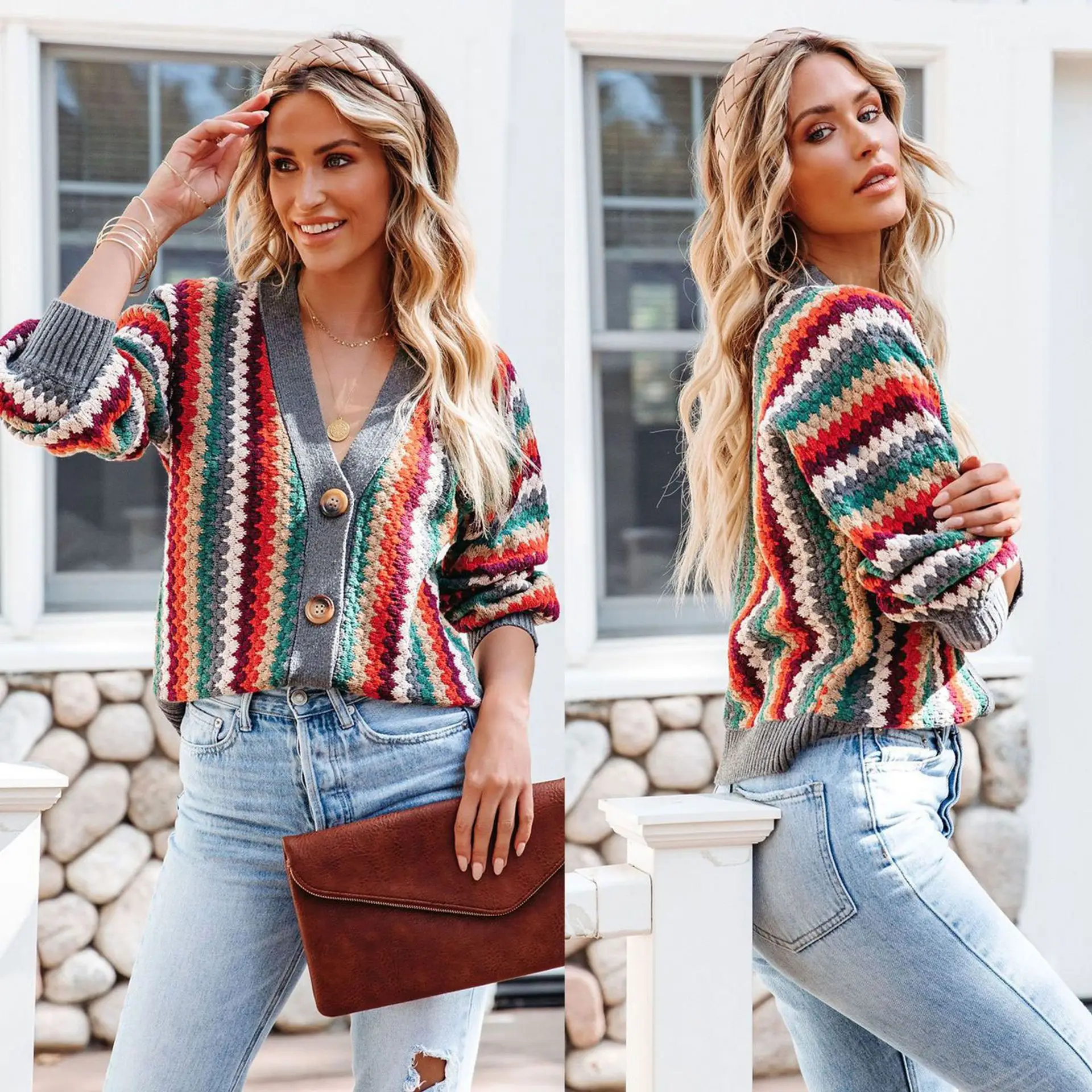 

Women Elegant Multicolor Print Knitted Cardigans Sweater New Autumn Winter Long Sleeve Ladies V-neck Color Block Sweaters