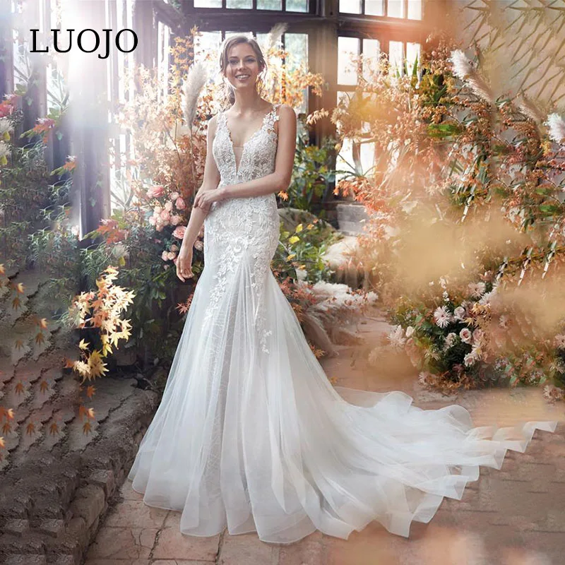 

LUOJO Charming Mermaid V-neck Wedding Dress Backless Appliques Tulle vestidos de novia Floor-length robe de mariée 2023 Custom