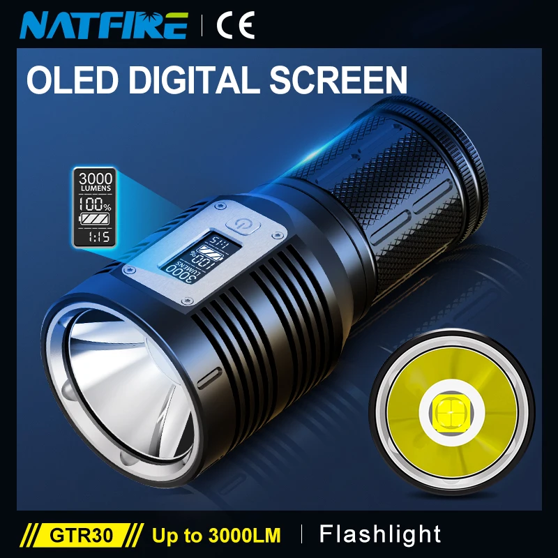 Flashlight Rechargeable 3000 Lumens OLED Digital Display 10400mAh USB-C Charging with Power Bank Function Handheld Torch GTR30