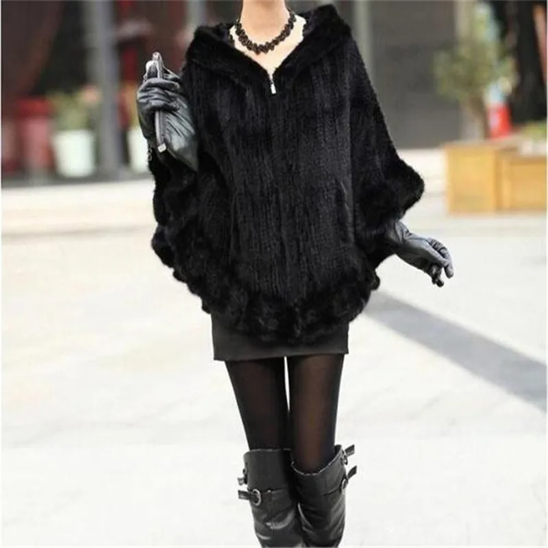 High Quality Mink Fur Hand Knitted Women's Real Fur Coats Hooded Natural Fur Jackets Ponchos And Capes Black/Brown DA-68