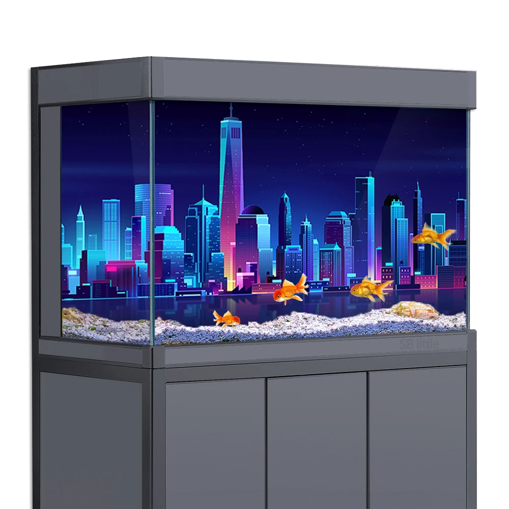 

Aquarium Background Sticker, Night City Neon Cyberpunk 3D HD Printing Wallpaper Fish Tank Backdrop Decor PVC Landscape Poster