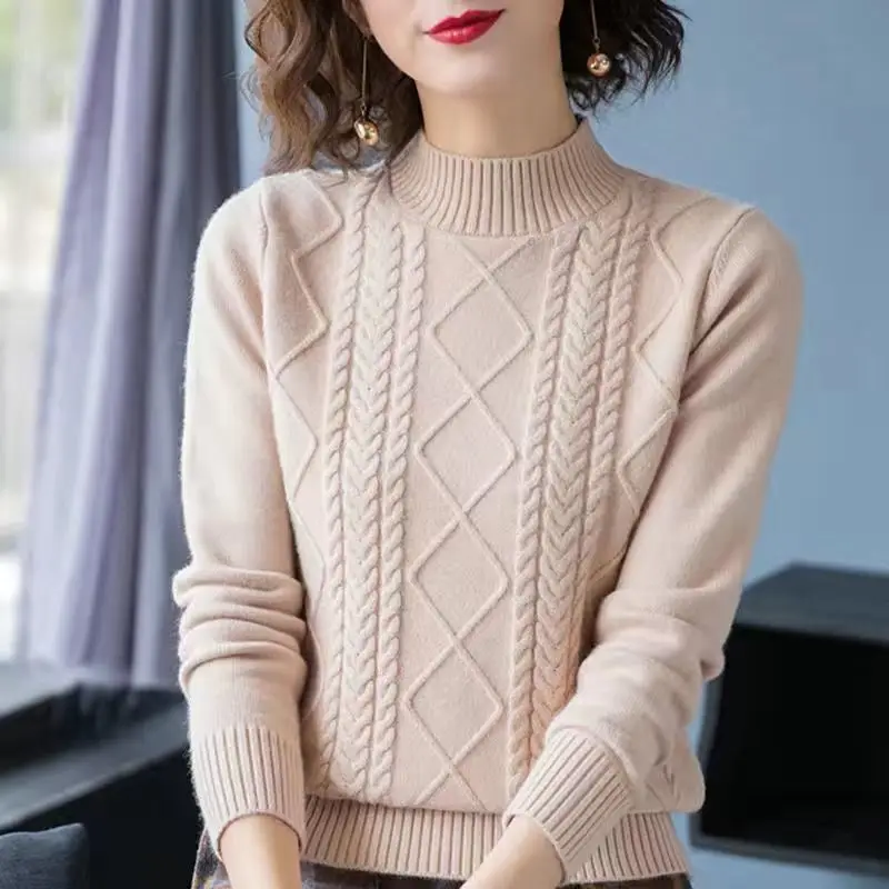 

Women's New Casual Solid Color Knitted Sweater Female Loose Half Turtleneck Long Sleeve Striped Pullover Top All-match Fashion