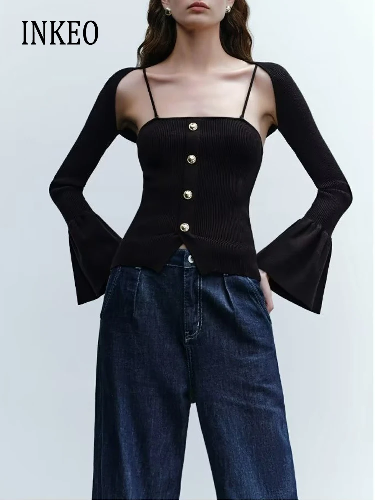 

Sexy Women 2 Piece Set sweater Black Spring Autumn Fashion Party Metal buttons corset top Flare sleeve caridagn Knitwear 3T041
