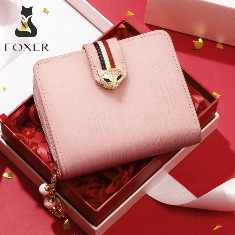 FOXER-cartera corta de lujo para mujer, monedero de cuero dividido, bolsas de dinero, tarjetero, funda de identificación