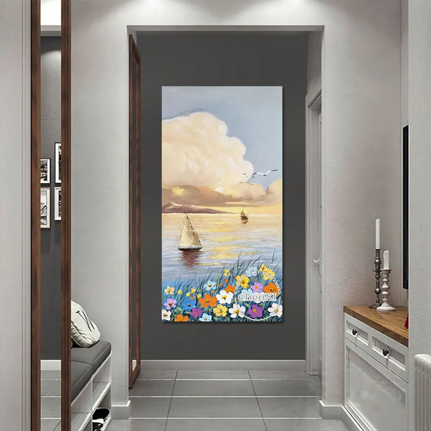 

Handmade Abstract Sunset Seascape Oil Painting Art Sailing Boat Picture On Canvas Modern Wall Decoration Artwork For Hotel Hall