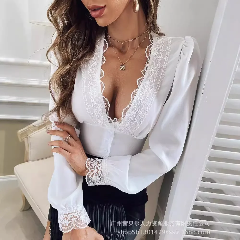 Женская новая кружевная блузка с глубоким v-образным вырезом и длинными рукавами