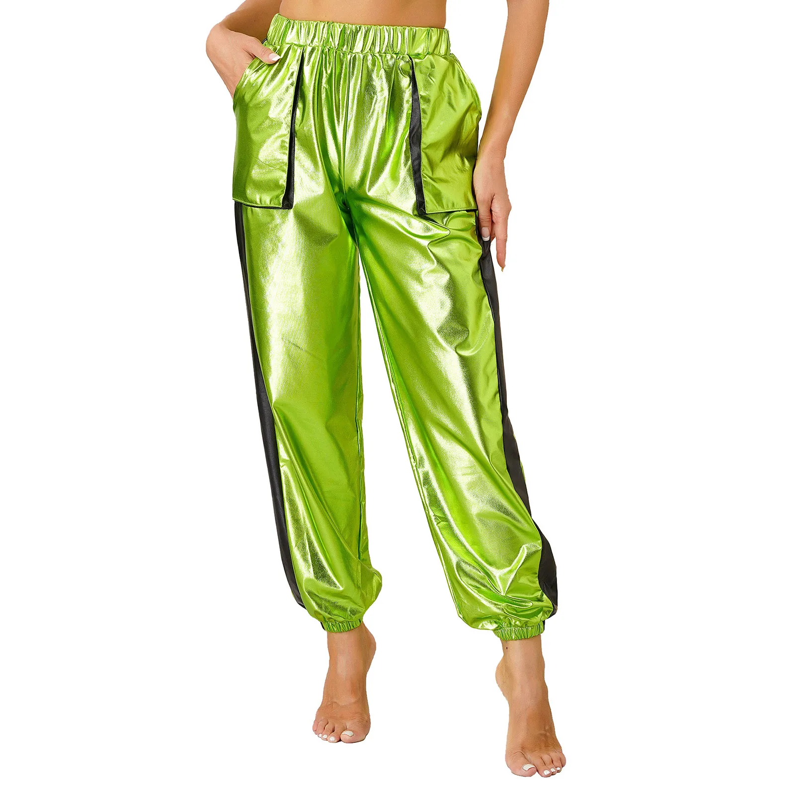 

Женские Блестящие Брюки-джоггеры с металлическим блеском, длинные брюки с эластичным поясом и большими карманами, брюки в стиле панк для клуба, танцевальной уличной одежды
