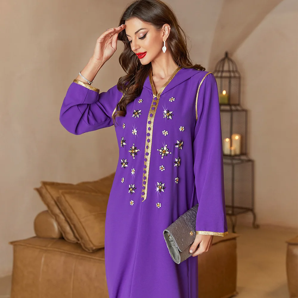 Eid Mubarak Purple Abaya Dubai Turkey Islam Muslim Arabic Long Dress Kaftans for Women Robes De Soiree Djellaba Femme Musulmane