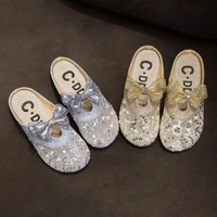 women mesh sequins slippers outdoor retro slides for girls flat heeled summer mules female bling shoes with bow sweet sandals