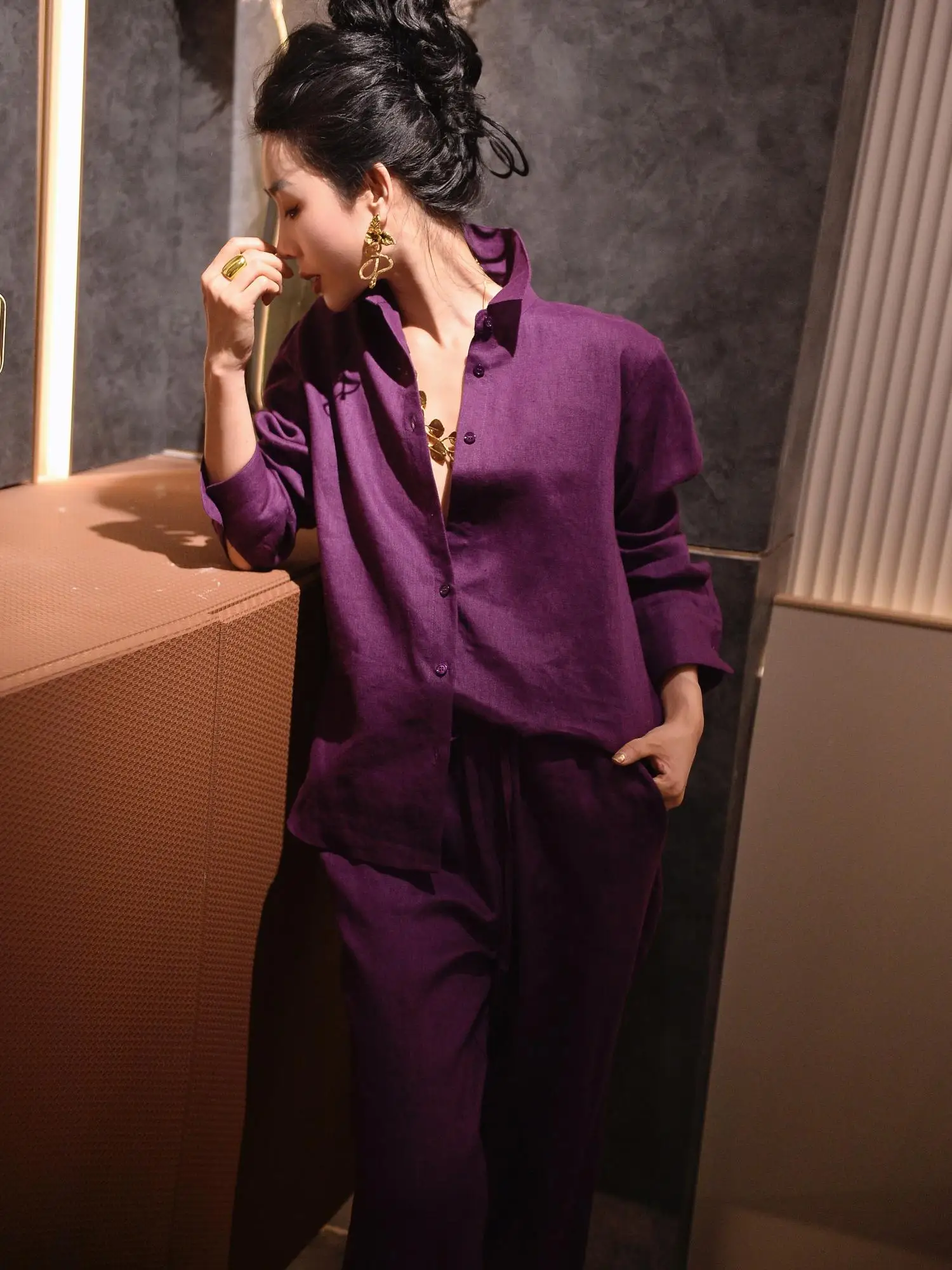 Zeroyk Old Money Sle Модный комплект Idle Свободные рубашки из чистого льна Брюки Супер