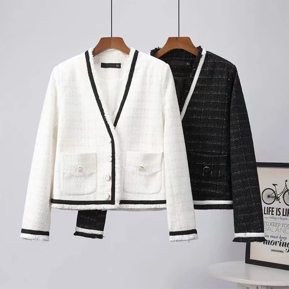 

Женская одежда 2022 шикарная Новинка необработанные контрастные небольшие ароматные стильные короткие куртки модный Повседневный женский т...