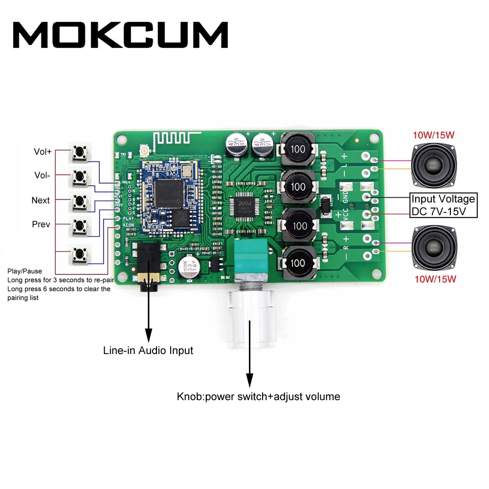 

QCC3031 Wireless Lossless Bluetooth Audio Receiver 10W/15W*2 BLE V5.0 Decoder Board Stereo Amplifier Module APTXHD